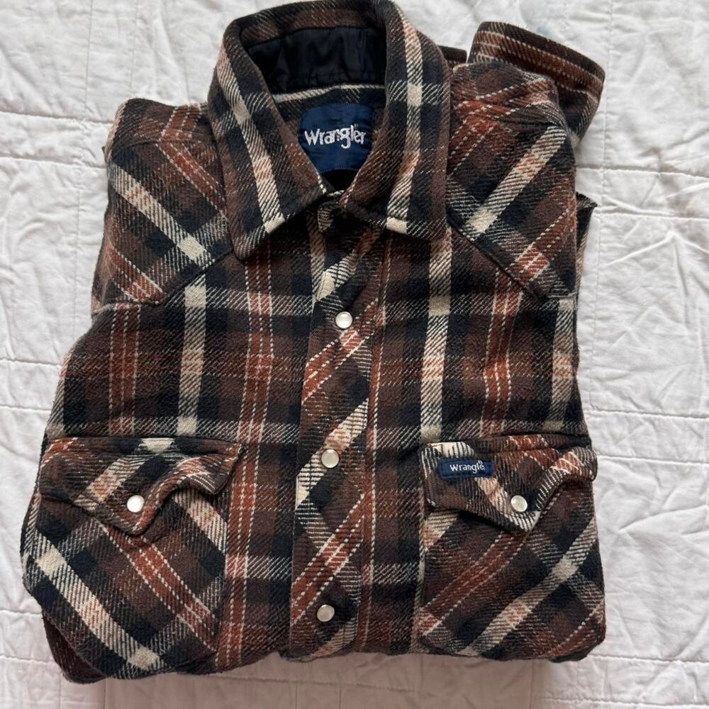 Vintage wrangler heavyweight plaid pearl snap western shirt sz L brown country‎